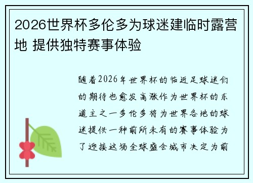 2026世界杯多伦多为球迷建临时露营地 提供独特赛事体验